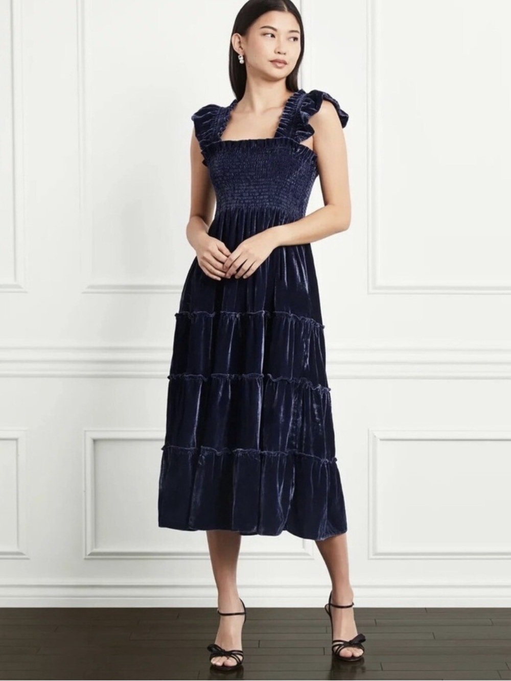 Hill House Navy Velvet Tiered Midi Dress